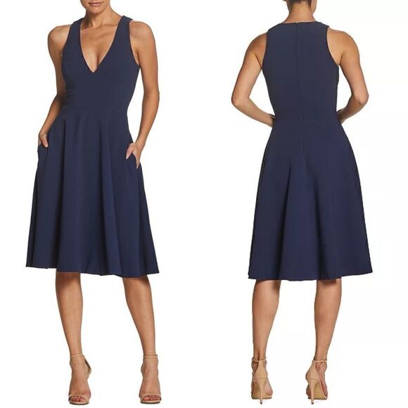 Dress The Population Womens Midnight Blue Catalina Fit & Flare Dress Small NWOT - Picture 1 of 8